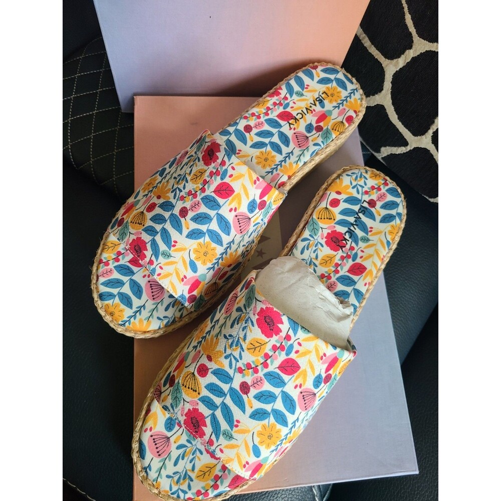 Lisa Vicky Wild Flower Slides Women Sz 9.5 M Fabric Platform Espadrille Sandals